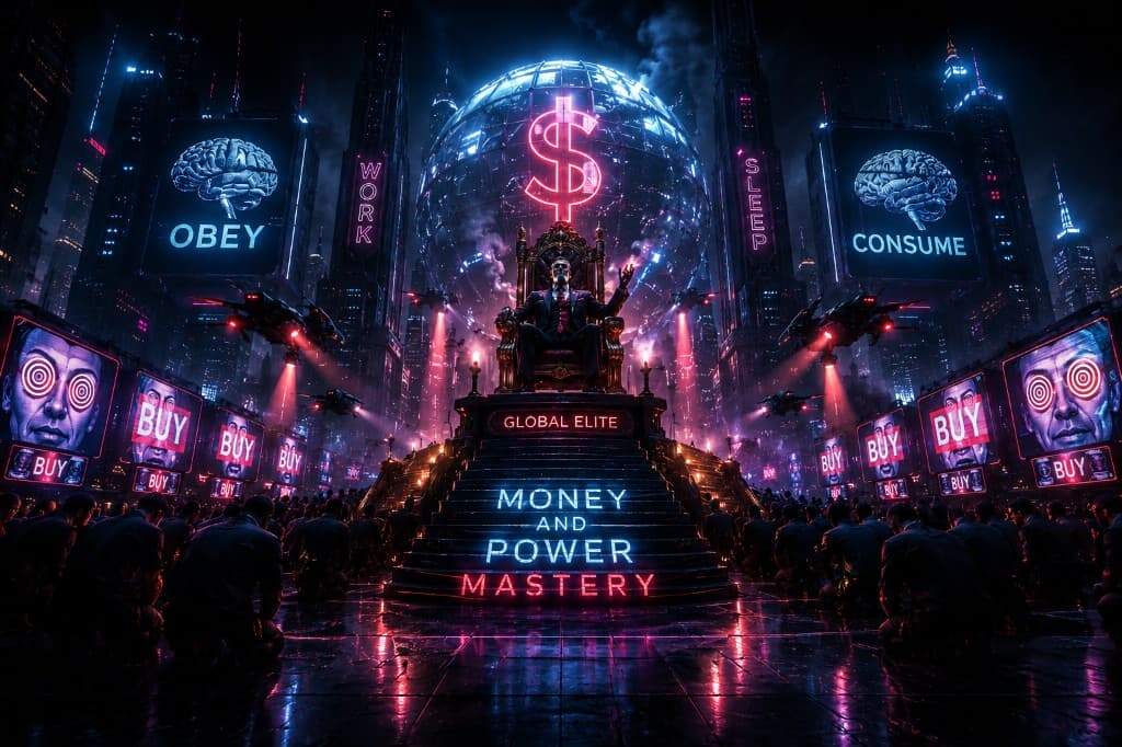 Money and power mastery — dystopian throne and neon doctrine